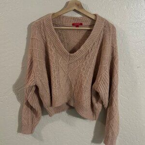 Guess Light Pink Cable Knit Relaxed V Neck Fisherman Chunky Sweater